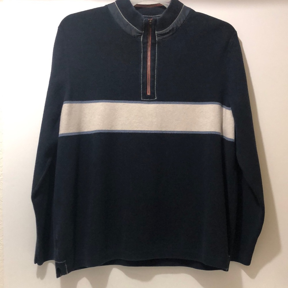 Tommy Bahama Men Sweater XL Solid Front Strip Crew 1/3 Zip Top Navy Cream Casual